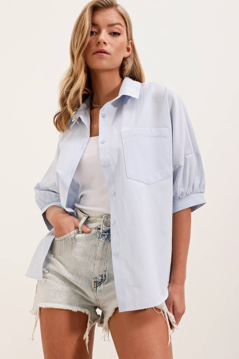20213 Oversize Kısa Kol Basic Gömlek - Bebe Mavi - BİGDART