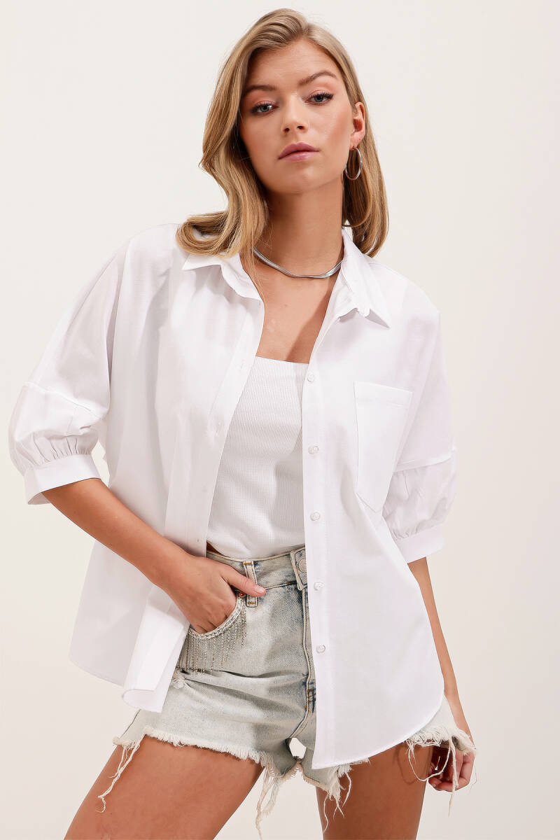 20213 Oversize Kısa Kol Basic Gömlek - Beyaz - BİGDART