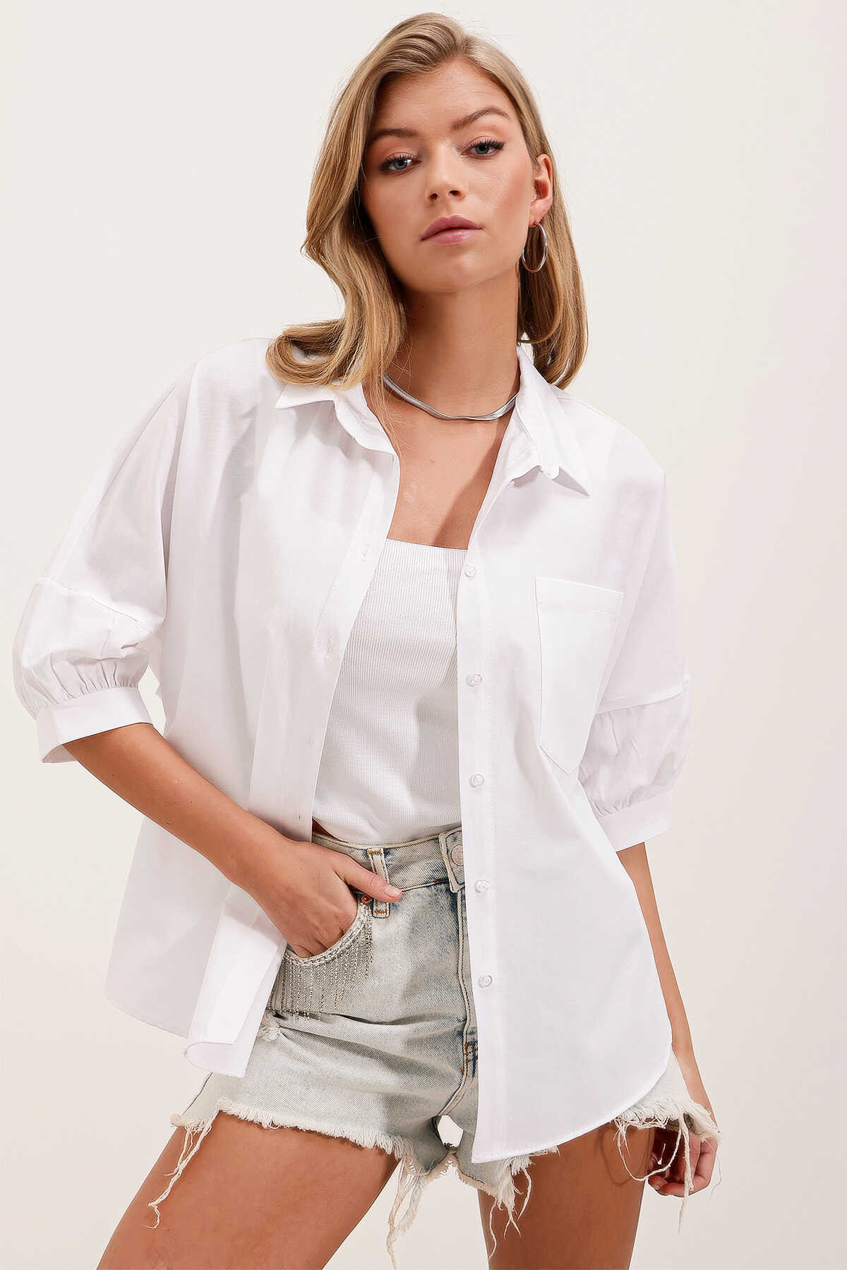 20213 Oversize Kısa Kol Basic Gömlek - Beyaz - 1