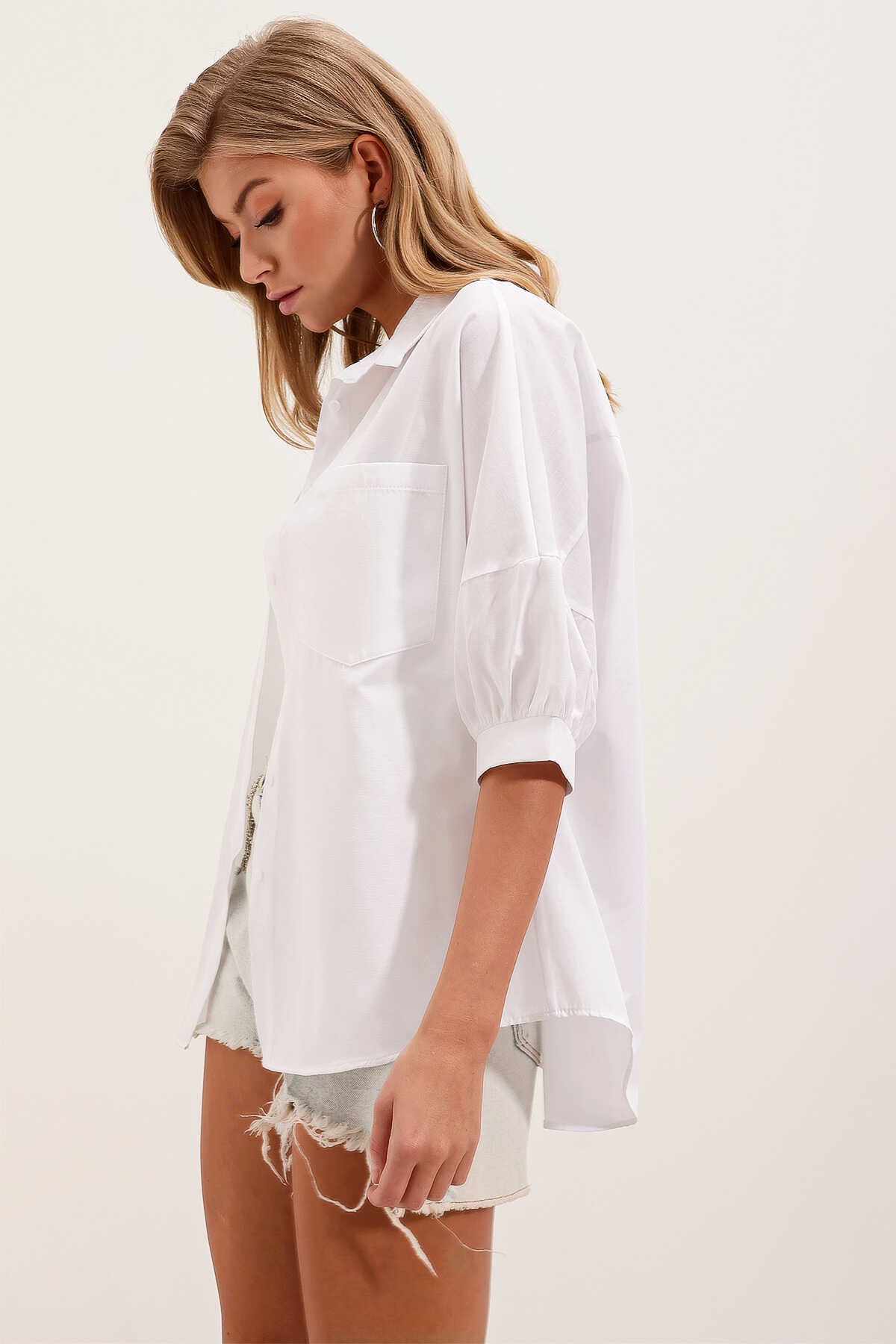 20213 Oversize Kısa Kol Basic Gömlek - Beyaz - 2
