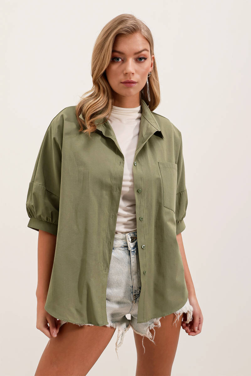 20213 Oversize Kısa Kol Basic Gömlek - Haki - BİGDART