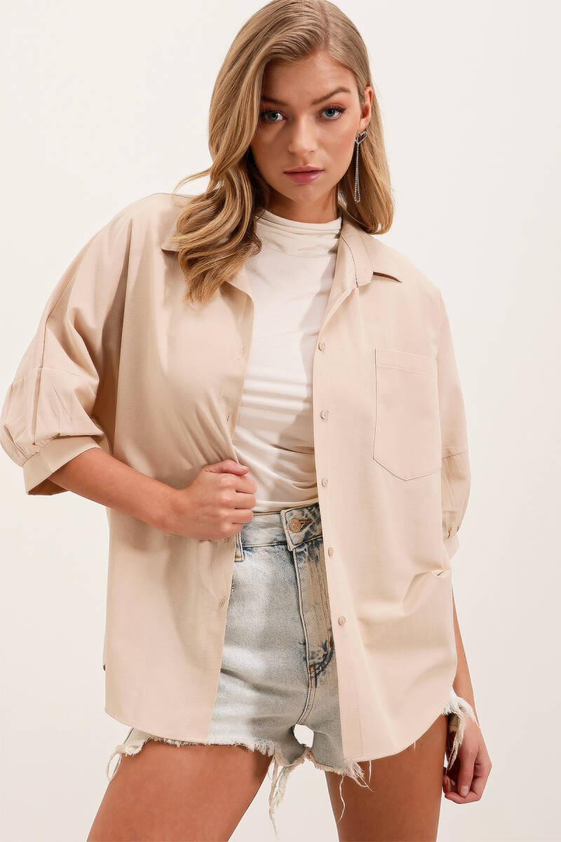 20213 Oversize Kısa Kol Basic Gömlek - Krem - BİGDART