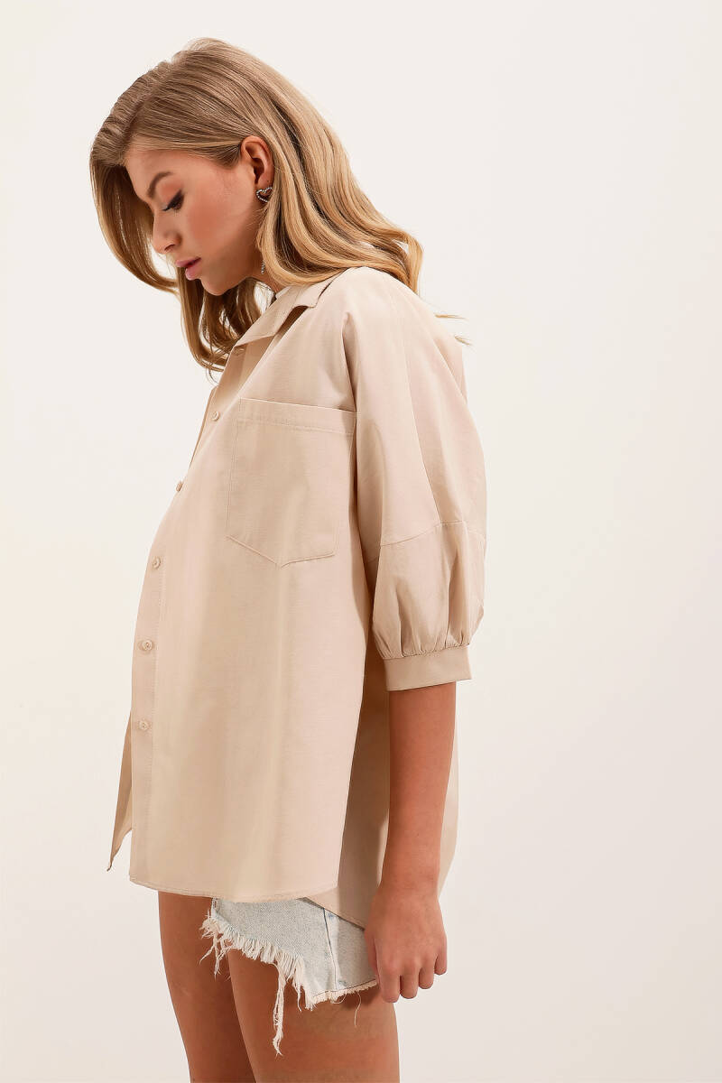 20213 Oversize Kısa Kol Basic Gömlek - Krem (1)