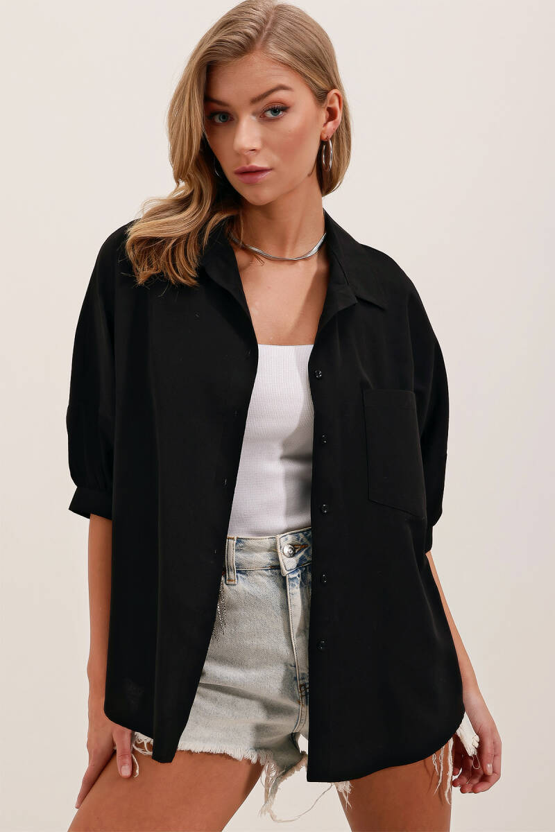 20213 Oversize Kısa Kol Basic Gömlek - Siyah - BİGDART
