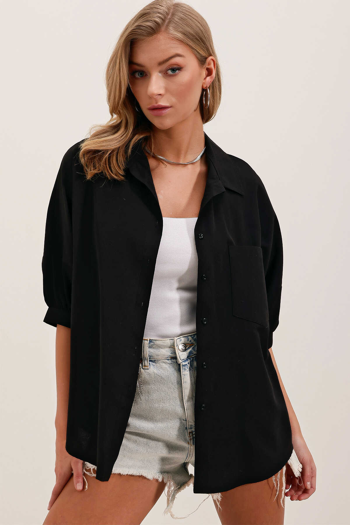 20213 Oversize Kısa Kol Basic Gömlek - Siyah - 1