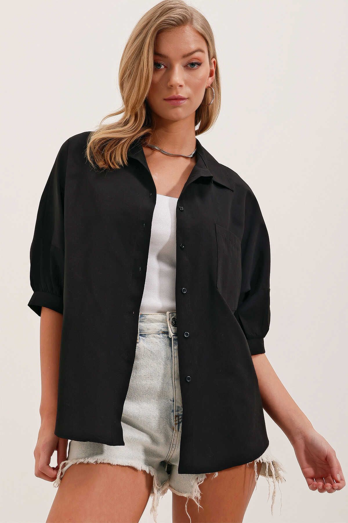20213 Oversize Kısa Kol Basic Gömlek - Siyah - 4