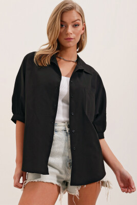 20213 Oversize Kısa Kol Basic Gömlek - Siyah - 4