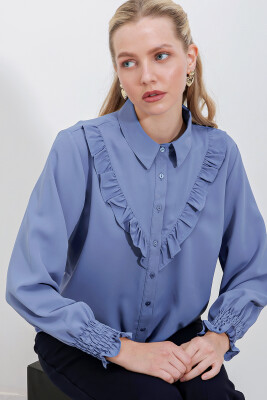 20223 Fırfırlı Uzun Kol Gömlek - İndigo 