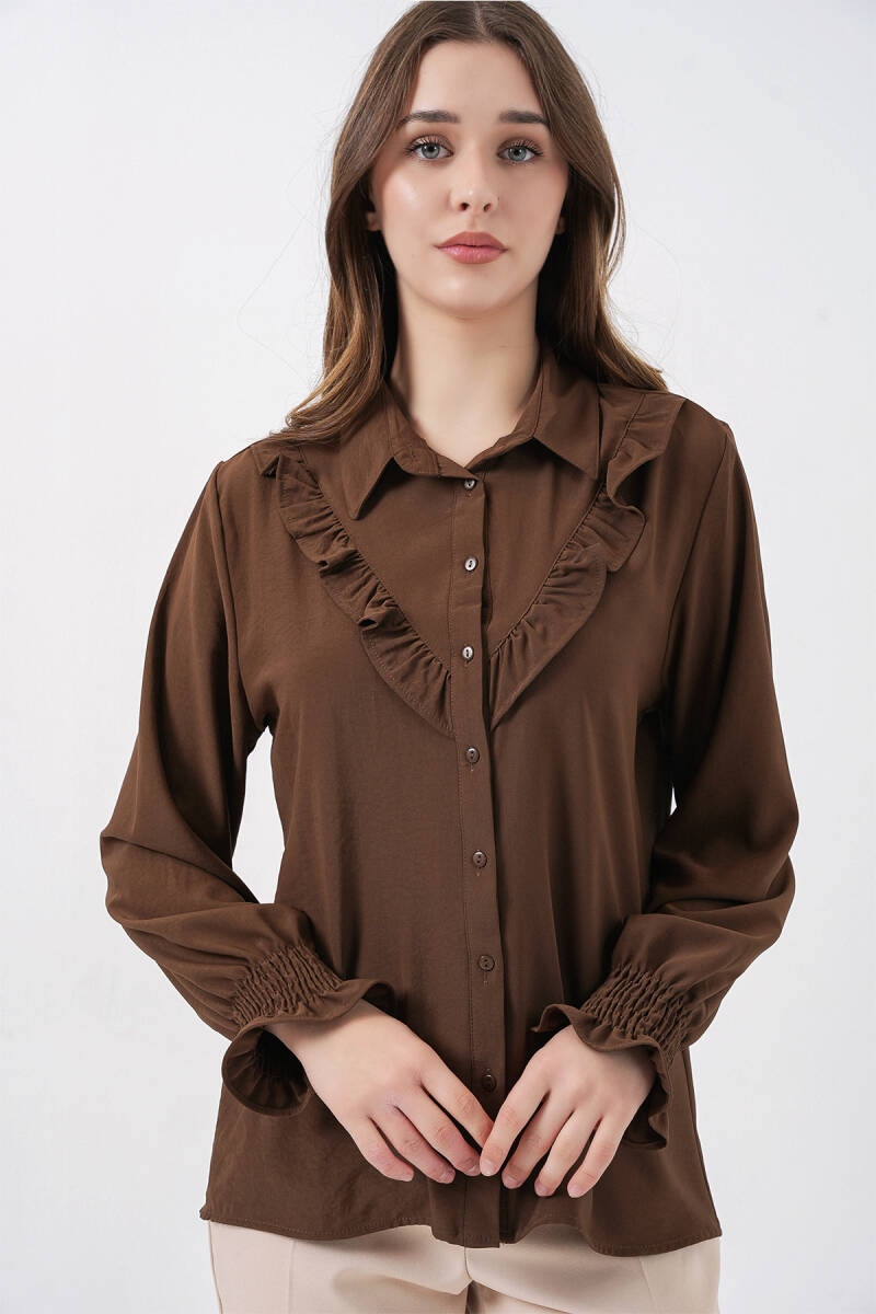 20223 Fırfırlı Uzun Kol Gömlek - Kahverengi - BİGDART
