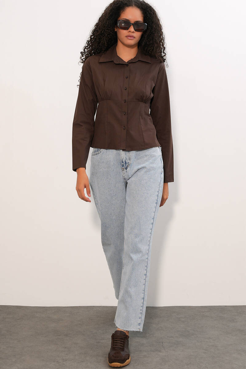 20231 Slim Fit Poplin Gömlek - Kahverengi (1)