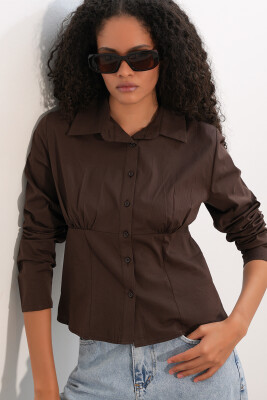 20231 Slim Fit Poplin Gömlek - Kahverengi - 4