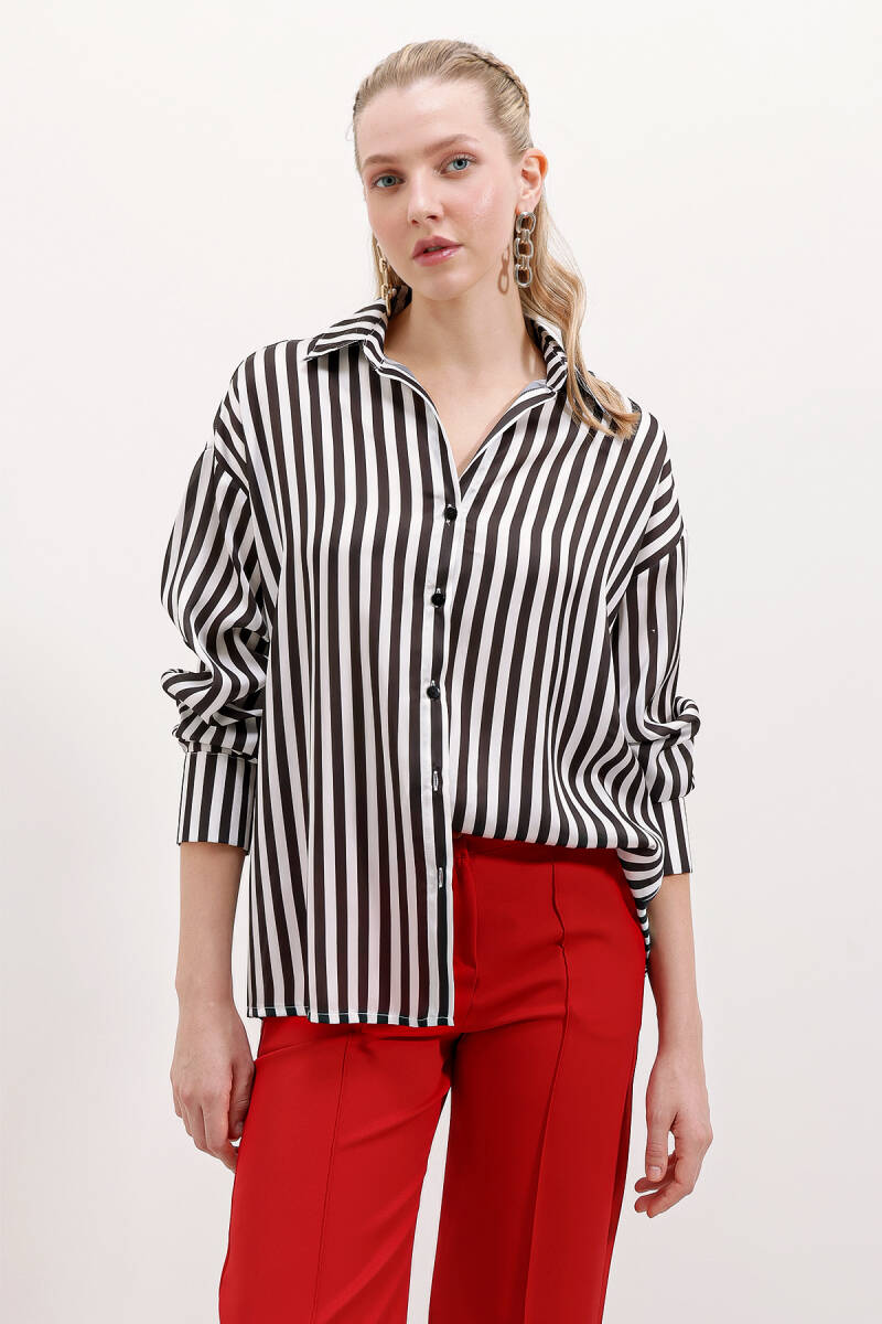 20242 Çizgili Oversize Gömlek - Siyah - BİGDART