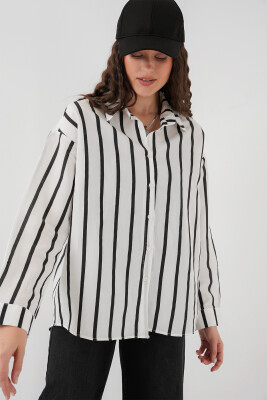 20254 Çizgili Oversize Basic Gömlek - Siyah - Beyaz 1 