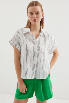 20261 Kısa Kol Oversize Keten Gömlek - Siyah 