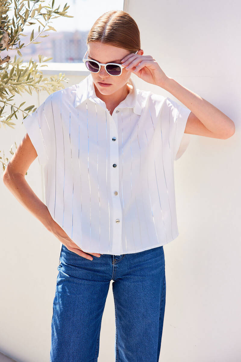 20262 Kısa Kol Çizgili Gömlek - Beyaz - BİGDART