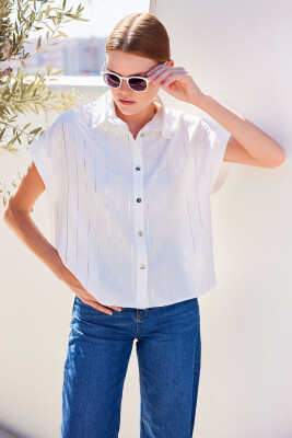 20262 Kısa Kol Çizgili Gömlek - Beyaz - BİGDART