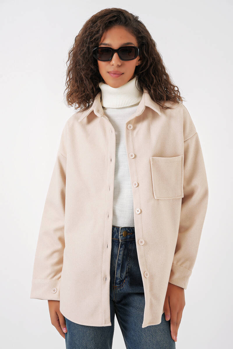20273 Tek Cepli Düğmeli Kaşe Gömlek - Krem - BİGDART