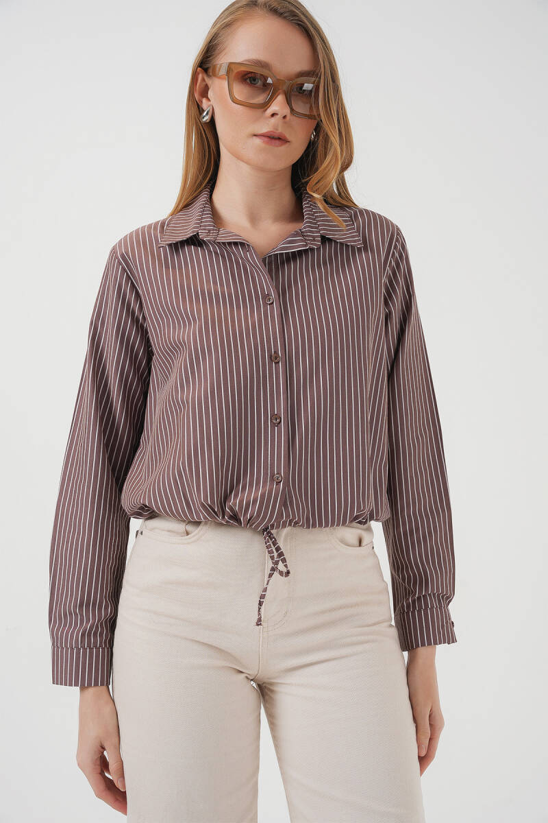 20276 Uzun Kol Çizgili Gömlek - Kahverengi - BİGDART