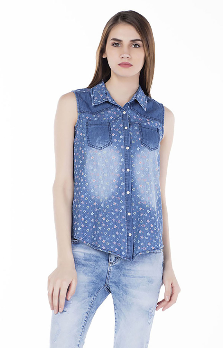 2069 YILDIZ DESENLİ KOT GÖMLEK - Mavi - BİGDART