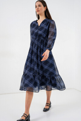 2137 Desenli Şifon Elbise - A.Mavi 