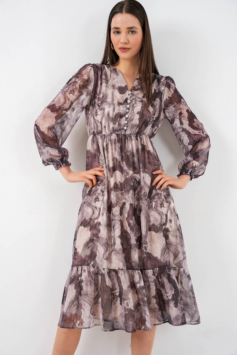 2137 Desenli Şifon Elbise - A.Bej - BİGDART