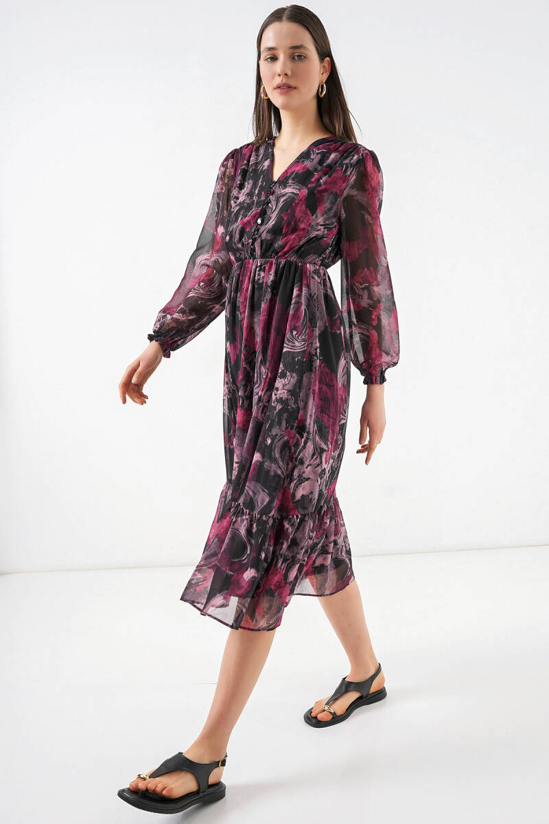 2137 Desenli Şifon Elbise - A.Kırmızı - BİGDART