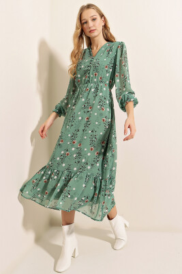 Bigdart 2137 Desenli Şifon Elbise - Çağla - BİGDART