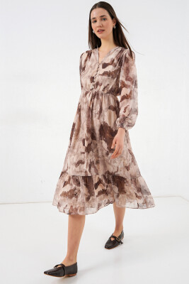 2137 Desenli Şifon Elbise - K. Bej 