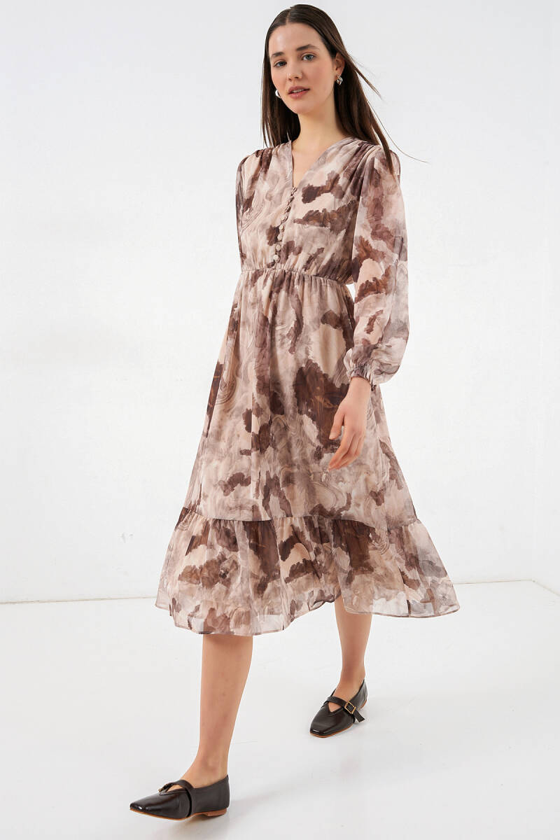 2137 Desenli Şifon Elbise - K. Bej - BİGDART