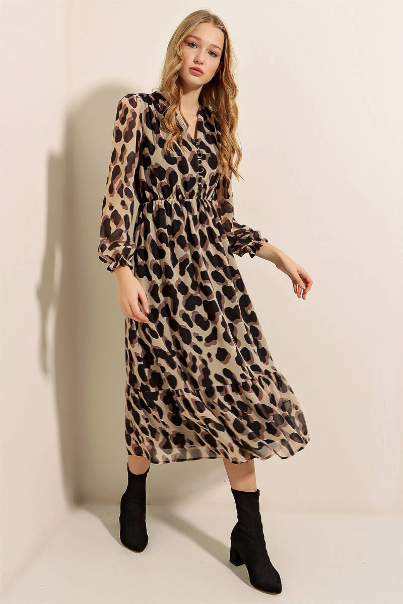 2137 Desenli Şifon Elbise - F.Bej - BİGDART