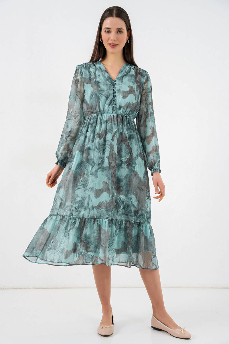 2137 Desenli Şifon Elbise - Mint Yeşili - BİGDART