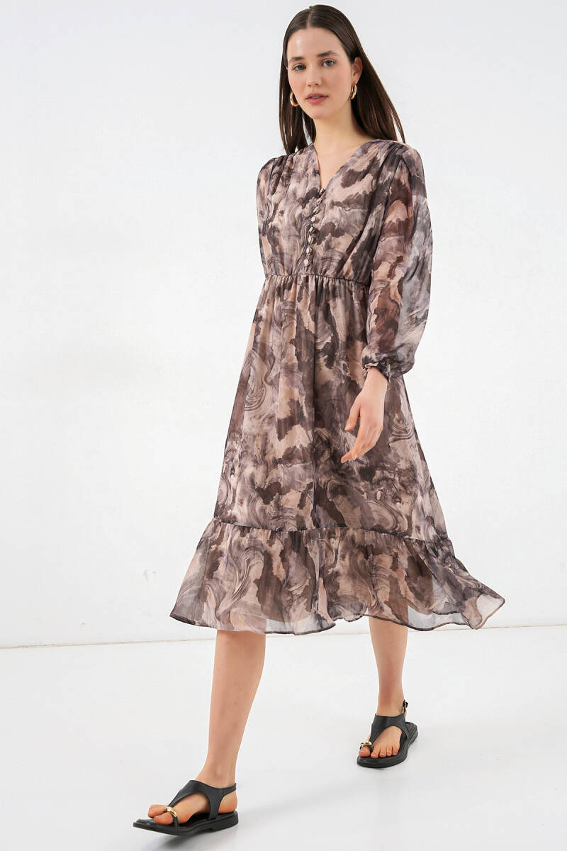 2137 Desenli Şifon Elbise - Y.Bej - BİGDART