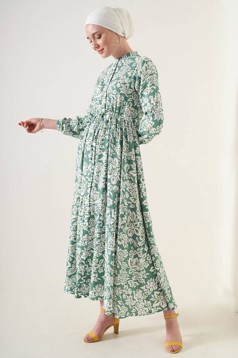 2144 Hakim Yaka Tesettür Elbise - Çağla - BİGDART