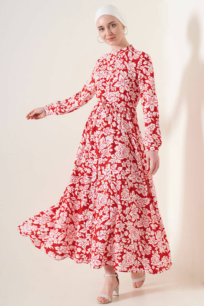 2144 Hakim Yaka Tesettür Elbise - Nar - BİGDART