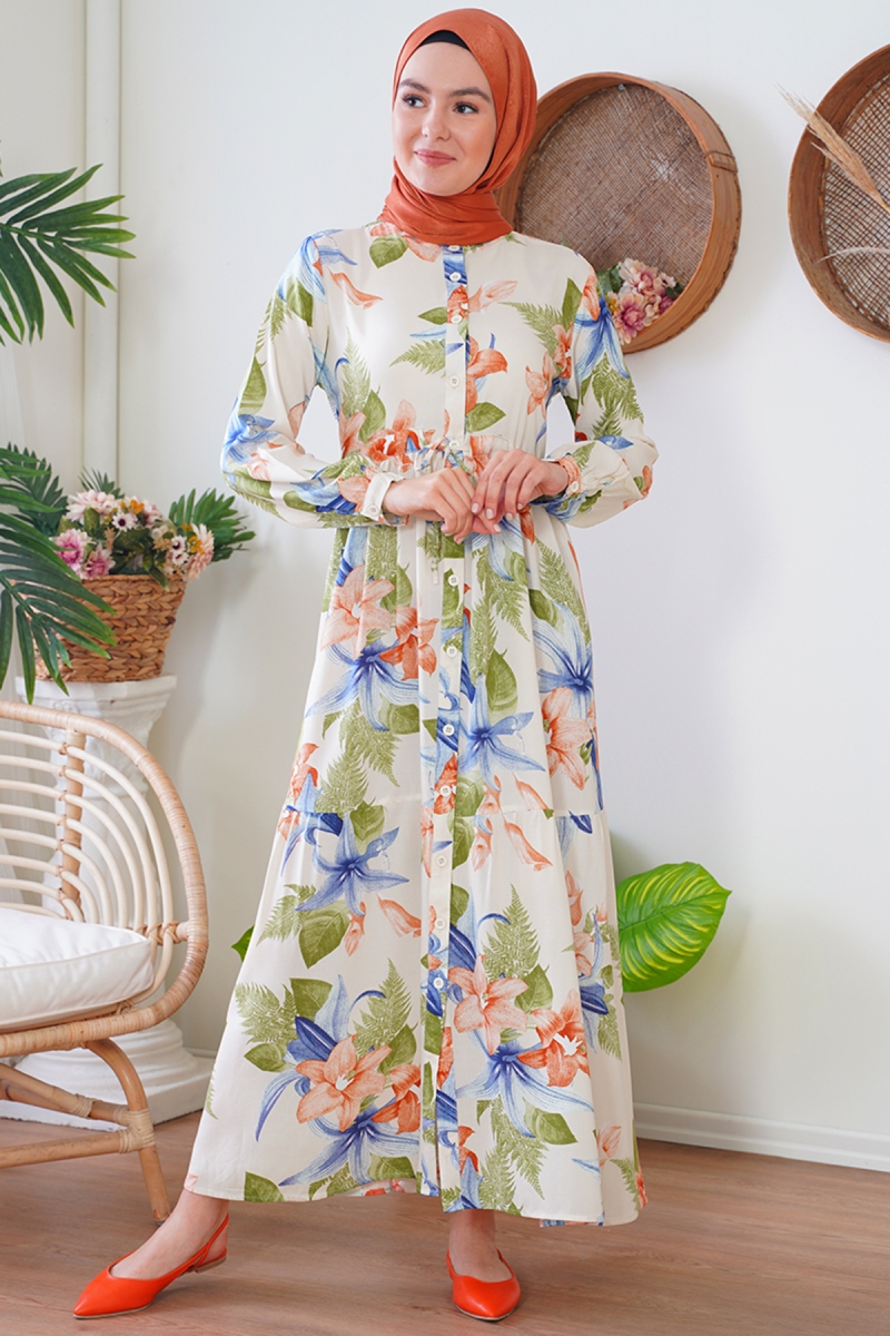 2144 Hakim Yaka Tesettür Elbise - Ekru - BİGDART