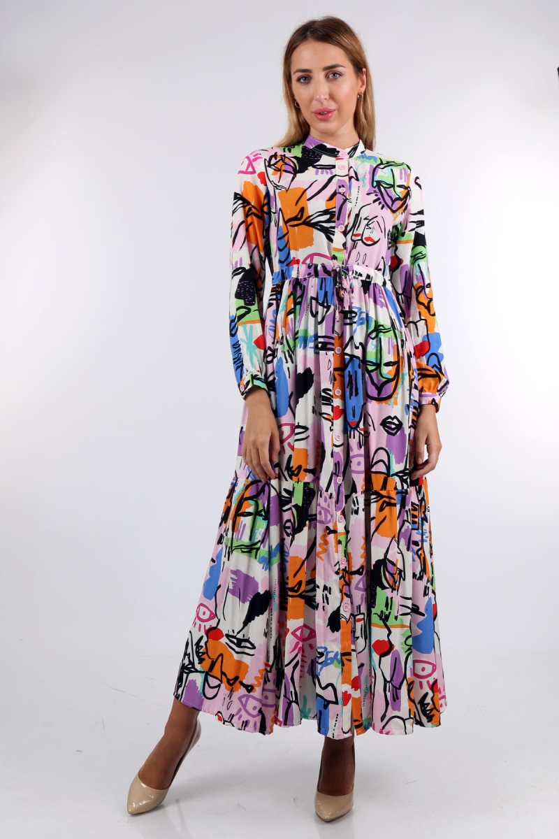 2144 Hakim Yaka Tesettür Elbise - Lila - BİGDART