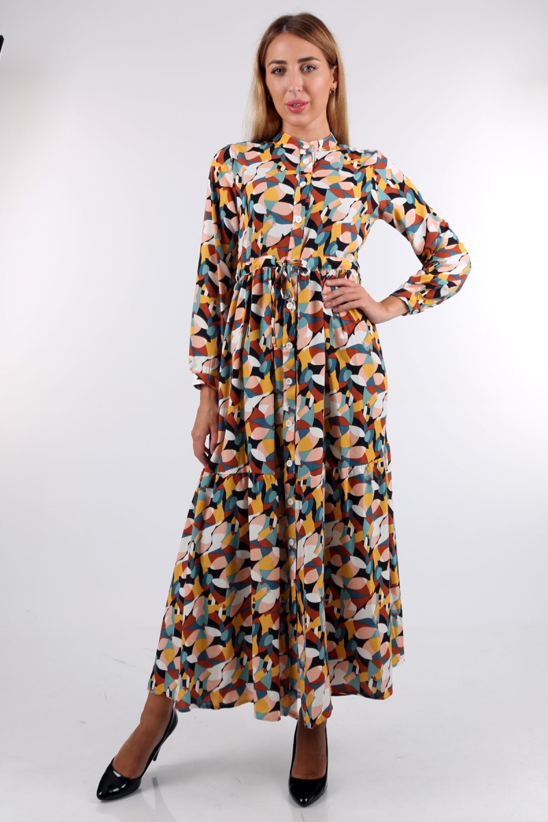 2144 Hakim Yaka Tesettür Elbise - Kiremit - BİGDART