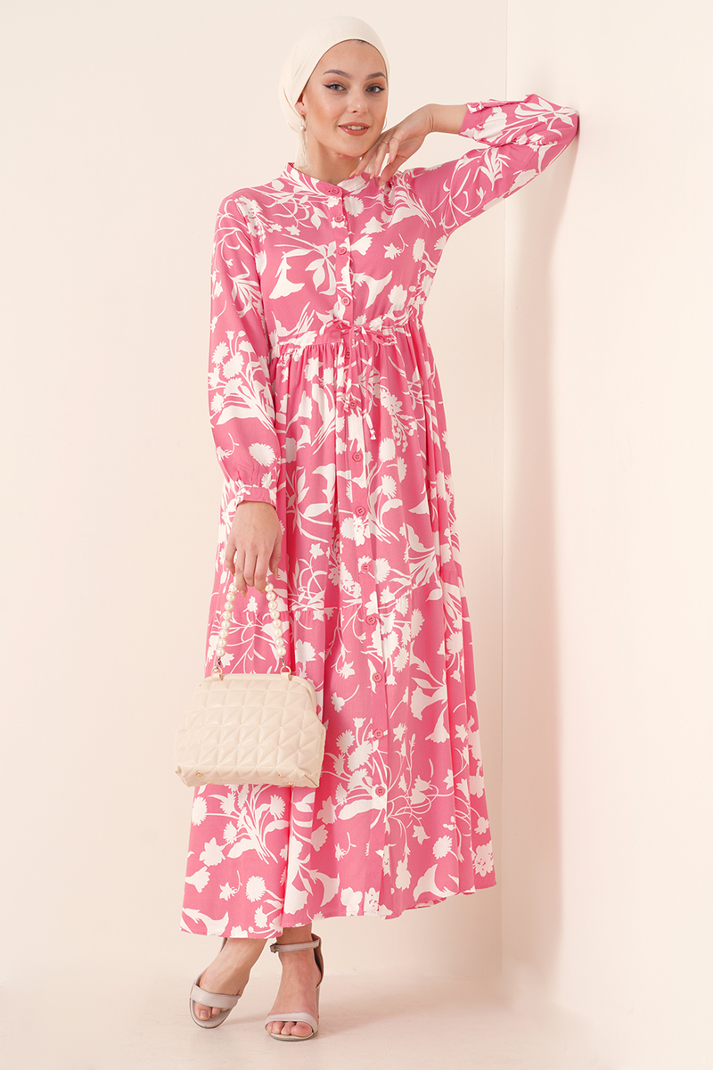 2144 Hakim Yaka Tesettür Elbise - Pembe - BİGDART