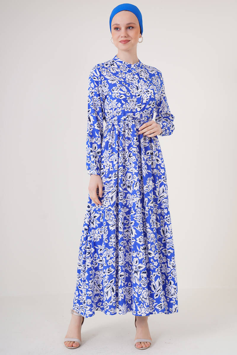 2144 Hakim Yaka Tesettür Elbise - Saks - BİGDART