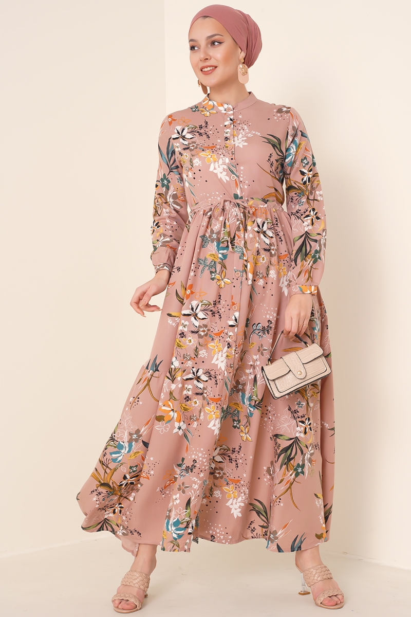 2144 Hakim Yaka Tesettür Elbise - A.Gül Kurusu - BİGDART