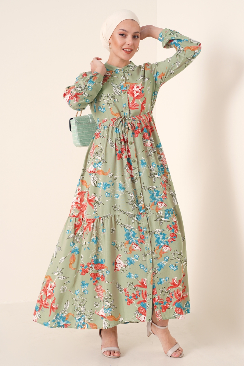 2144 Hakim Yaka Tesettür Elbise - Haki - BİGDART