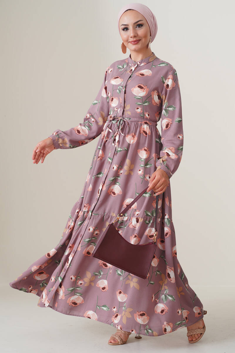 2144 Hakim Yaka Tesettür Elbise - D.Gül Kurusu - BİGDART