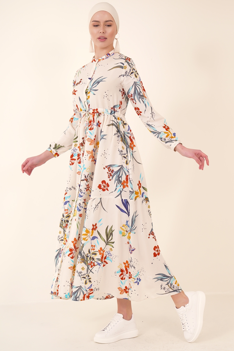 2144 Hakim Yaka Tesettür Elbise - D.Krem - BİGDART