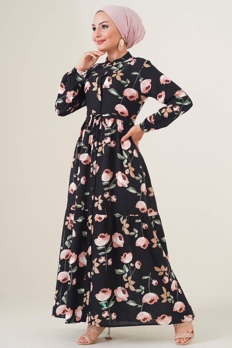 2144 Hakim Yaka Tesettür Elbise - E.Siyah - BİGDART