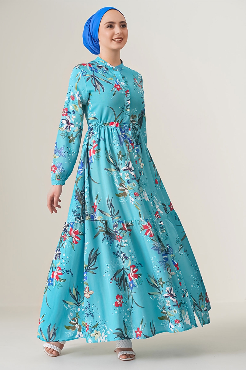 2144 Hakim Yaka Tesettür Elbise - Turkuaz - BİGDART