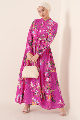 2144 Hakim Yaka Tesettür Elbise - Koyu Pembe - BİGDART