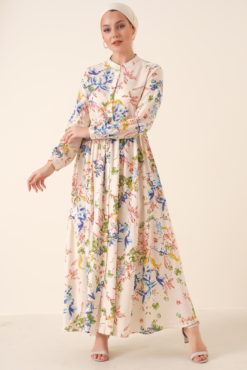 2144 Hakim Yaka Tesettür Elbise - Krem - BİGDART