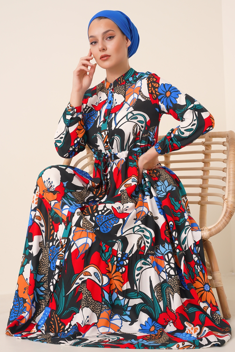 2144 Hakim Yaka Tesettür Elbise - Siyah - BİGDART