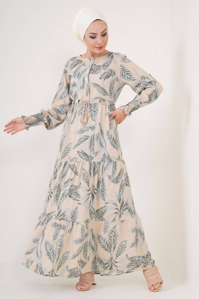 2145 Desenli Tesettür Elbise - Bej - BİGDART