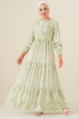 2145 Desenli Tesettür Elbise - E.Yeşil 